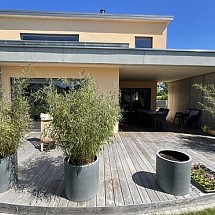 Vendue   ----   Région frontalière (Blotzheim, Hésingue, Bartenheim, Village Neuf), à 2 pas écoles & collège bilingue, A 35, Airport, Bâle/Novartis, Allemagne: Splendide villa contemporaine, style de classe, volumineuse env. 200 m² / bien agencée avec grand espace salon, poêle à bois, salle à manger + cuisine US (WANNER) env. 65 m² / 4 chambres, dressing H+F / 2 Sd'eau. Très au calme, cadre vert, ensoleillée, vue panoramique!